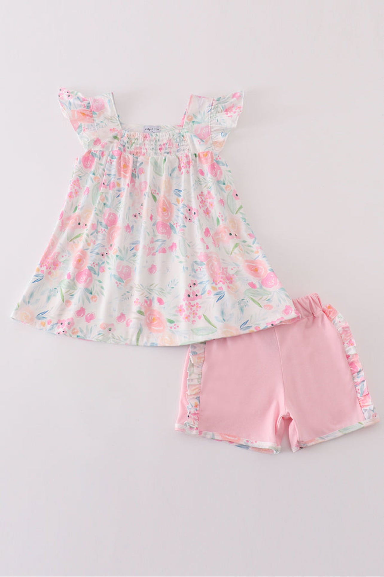Toddler Girls Pastel Floral Flutter Sleeve Top & Pink Ruffle Shorts – 2 Piece Outfit
