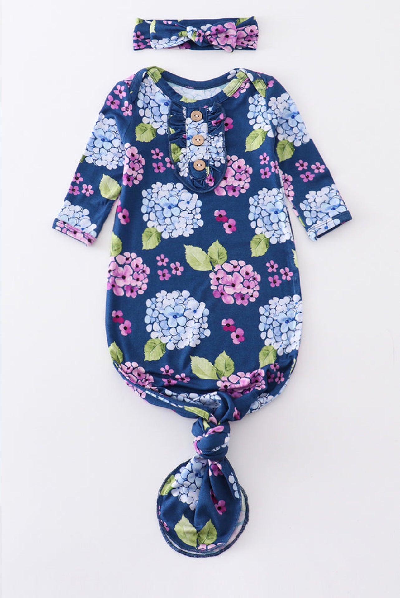 Hydrangea Haven – Navy Floral Baby Gown & Headband Set