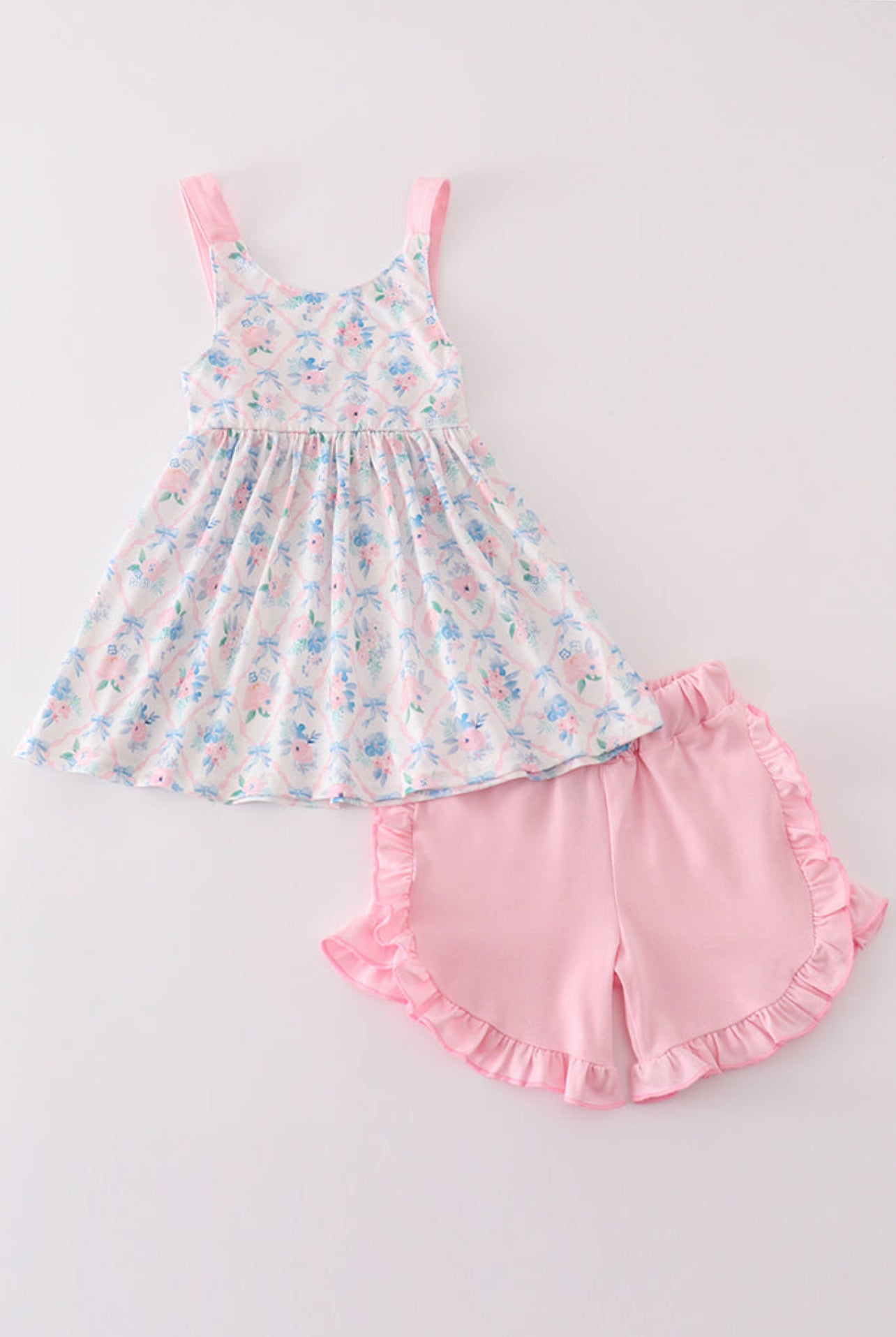 Toddler Girls Pink Floral Tank Top with Ruffle Shorts – 2 Piece Summer Outfit