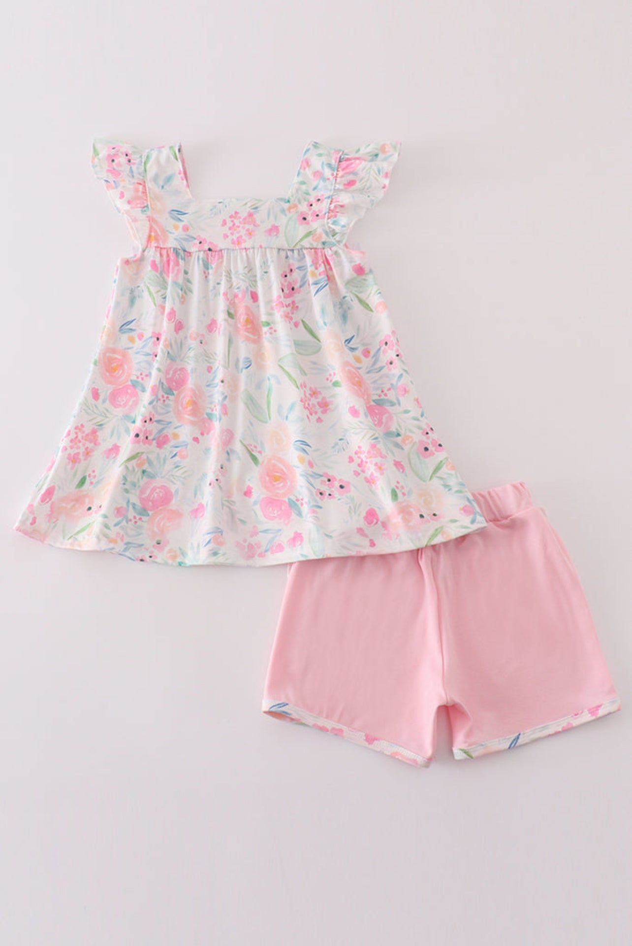 Toddler Girls Pastel Floral Flutter Sleeve Top & Pink Ruffle Shorts – 2 Piece Outfit