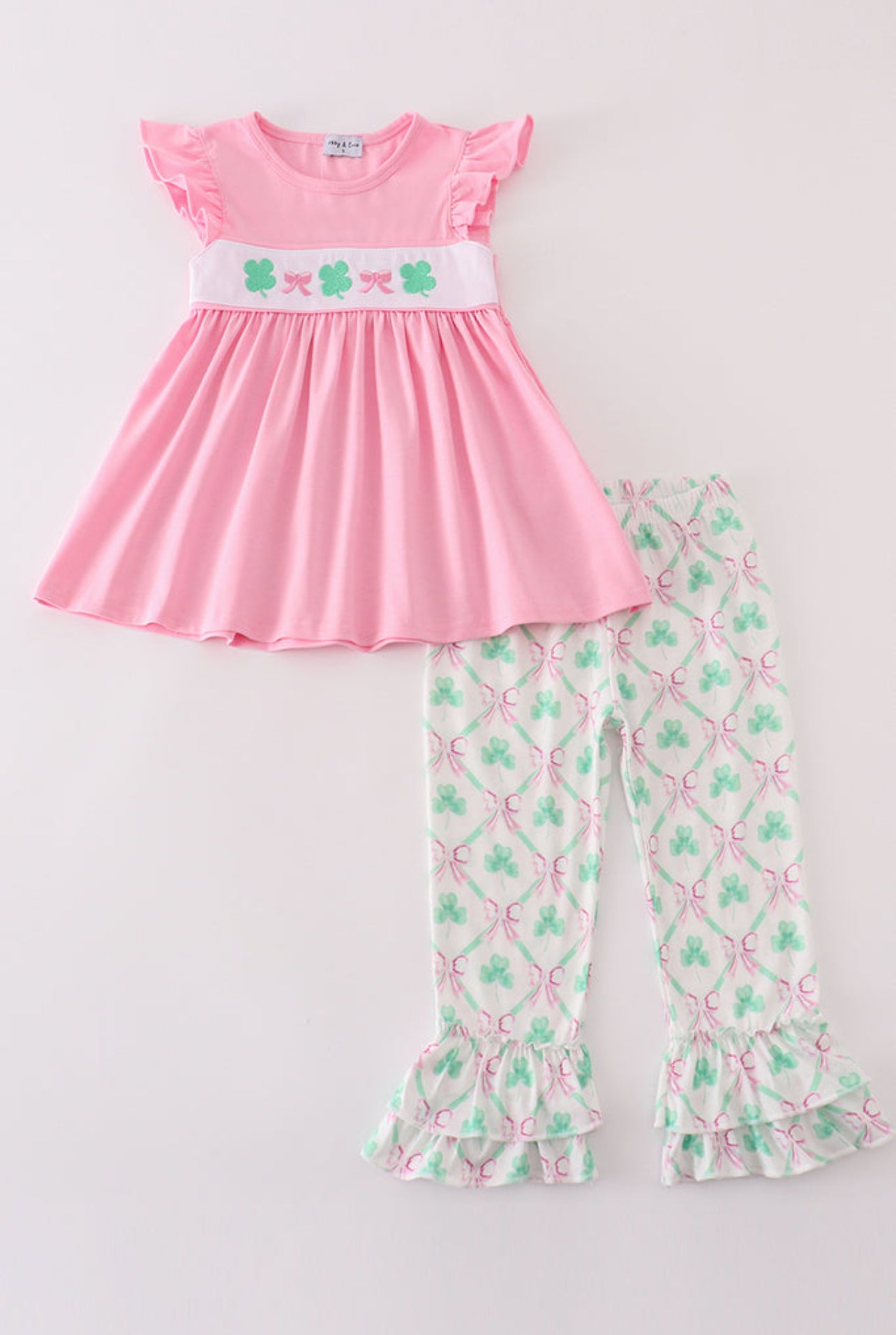 Pink Clover Charm Embroidered Ruffle Pant Set