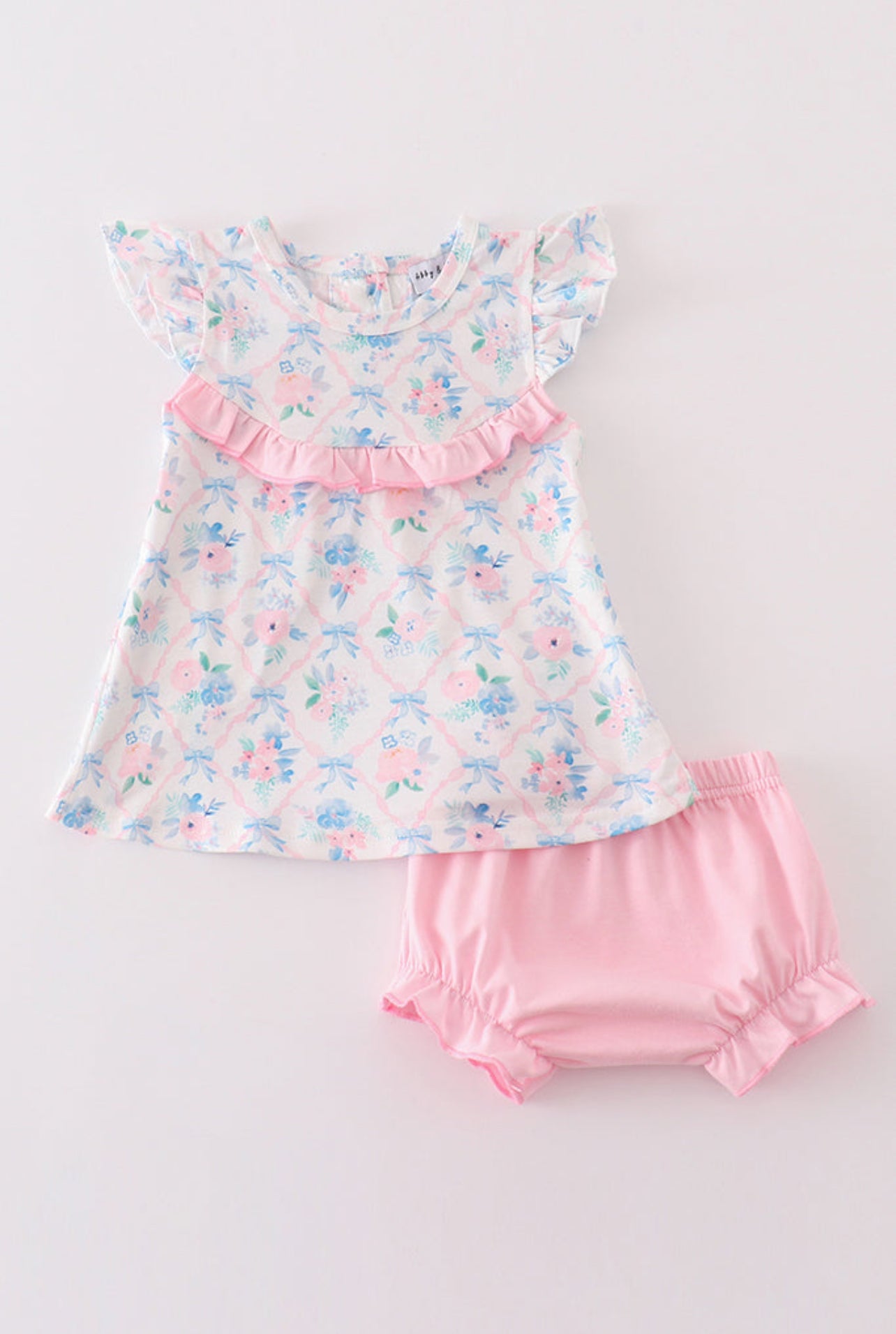 Baby Girl Pink Floral Flutter Sleeve Top & Bloomers Set – 2 Piece Outfit