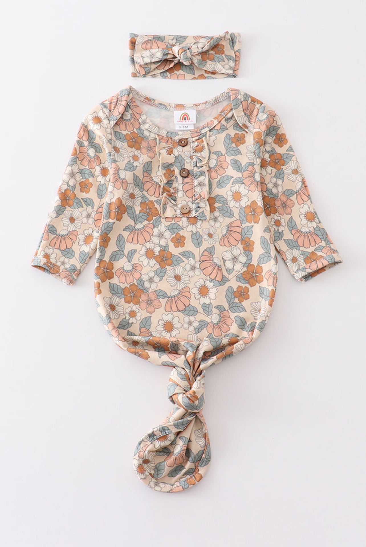 Vintage Bloom – Earth-Toned Floral Baby Gown & Headband Set