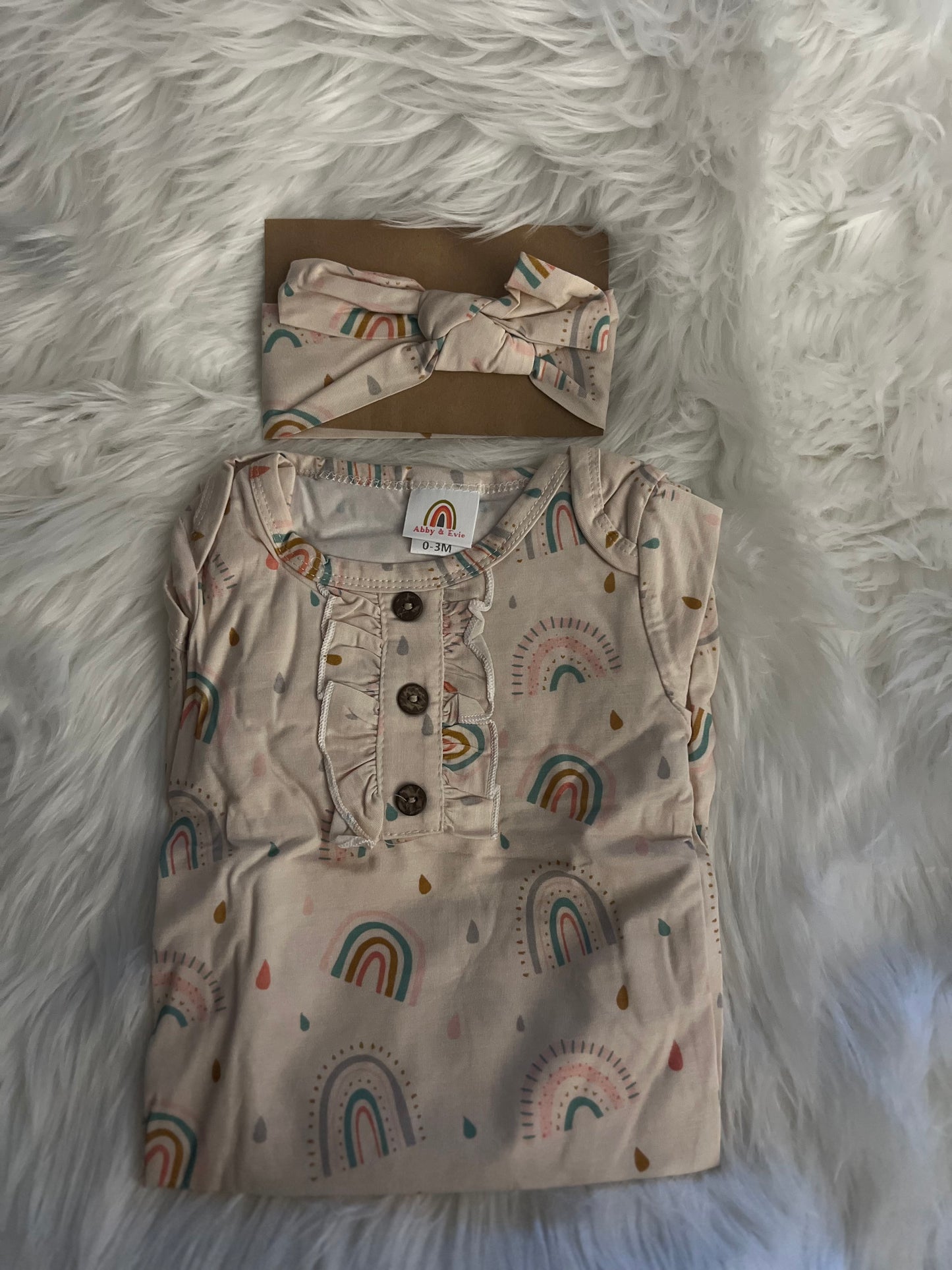 Rainbow Dreams – Infant Girl Baby Gown & Headband Set