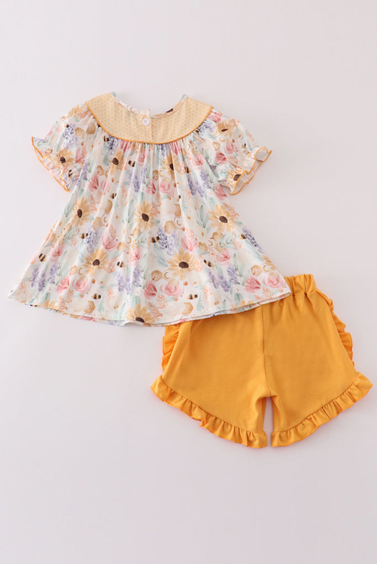 Toddler Girls Floral Bee Print Top with Mustard Ruffle Shorts – 2 Piece Outfit