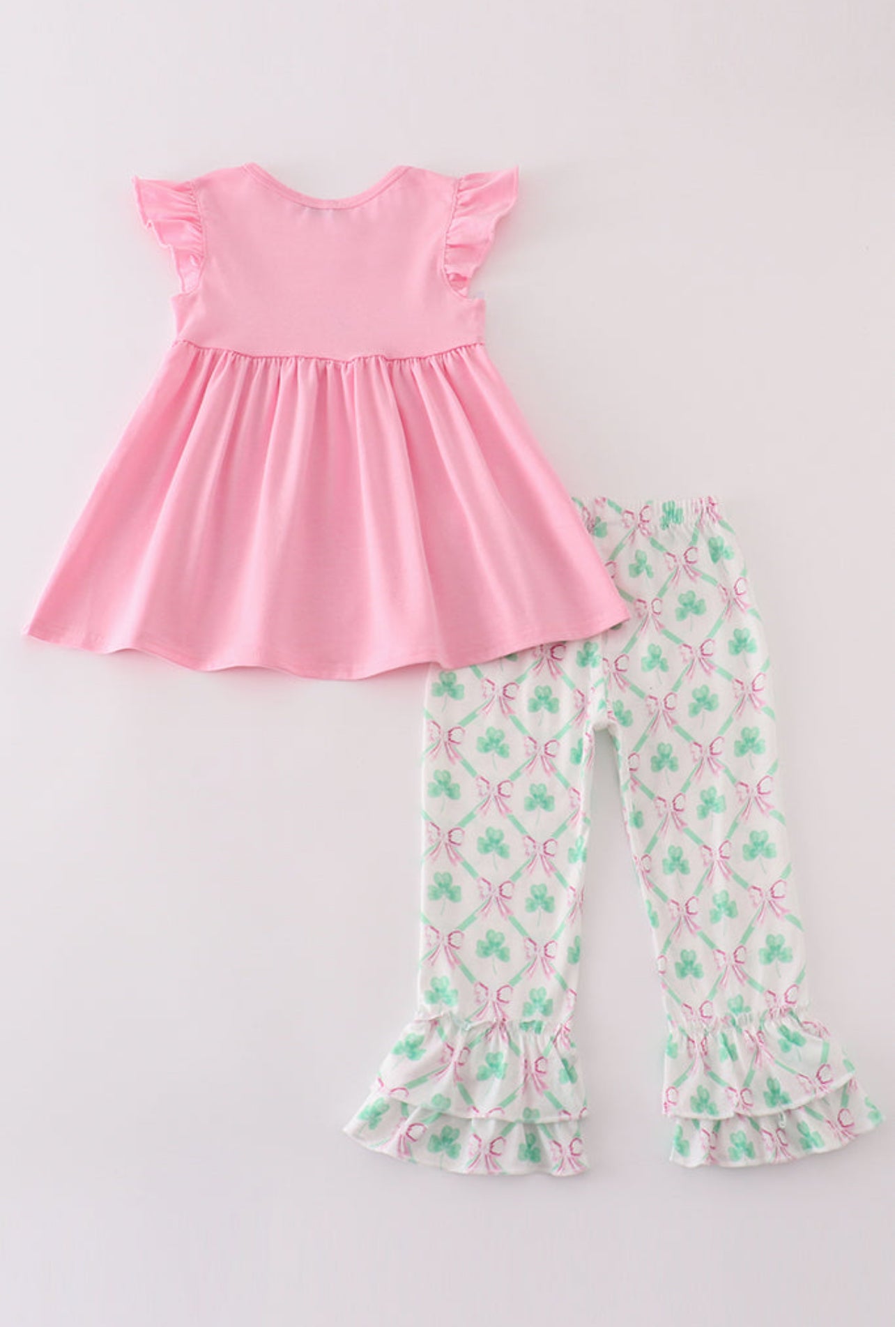 Pink Clover Charm Embroidered Ruffle Pant Set