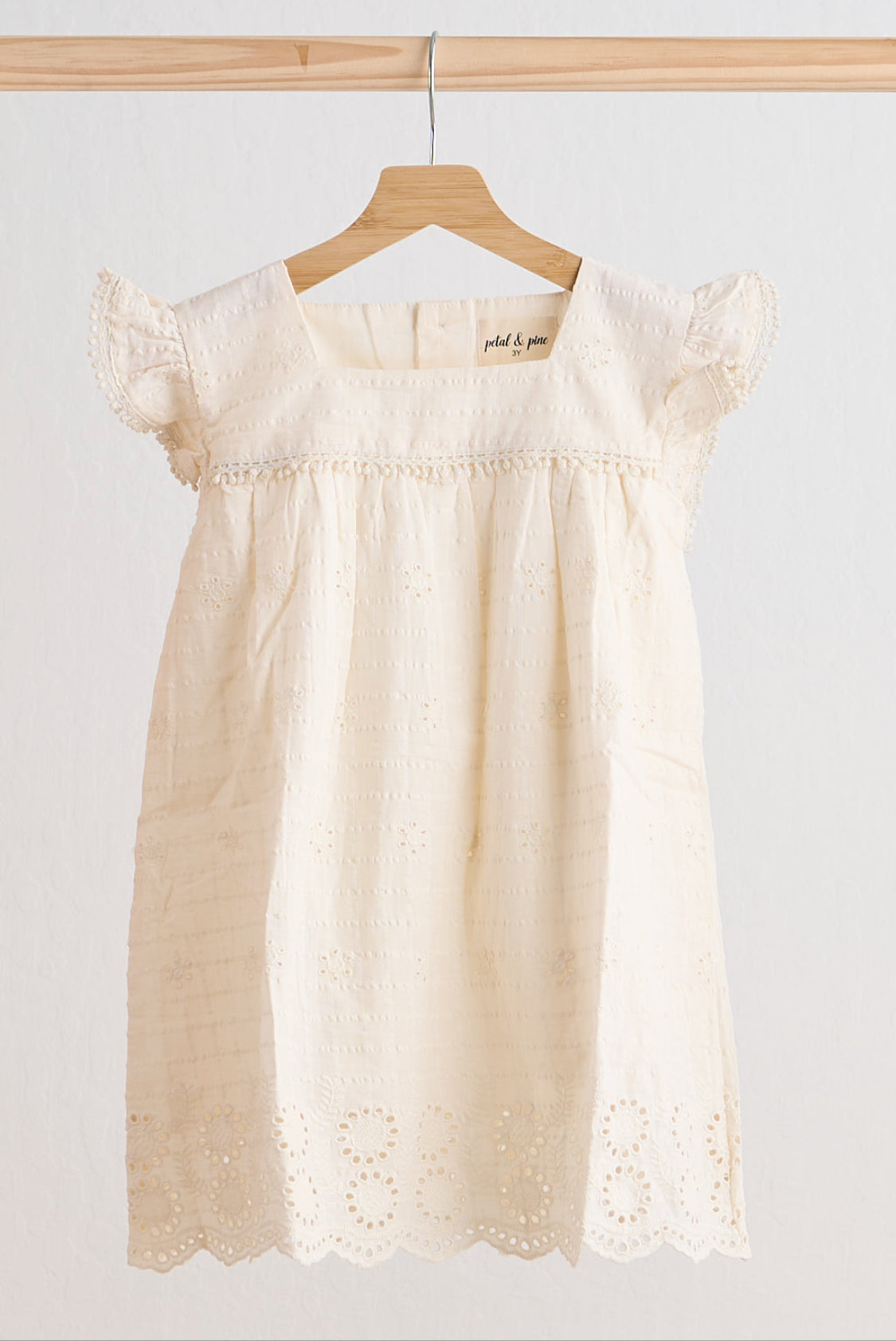 Girls Off White Eyelet Lace Flutter Sleeve Dress