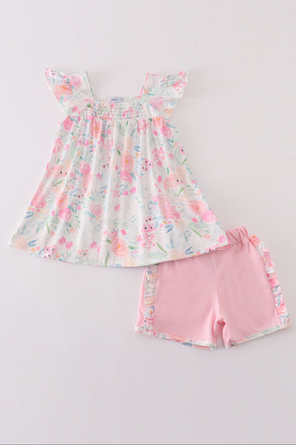 Toddler Girls Pastel Floral Flutter Sleeve Top & Pink Ruffle Shorts – 2 Piece Outfit