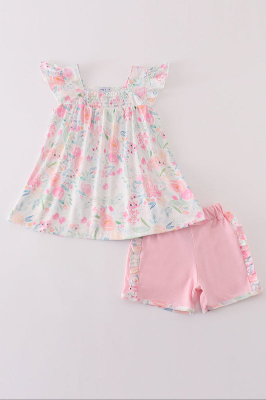 Toddler Girls Pastel Floral Flutter Sleeve Top & Pink Ruffle Shorts – 2 Piece Outfit