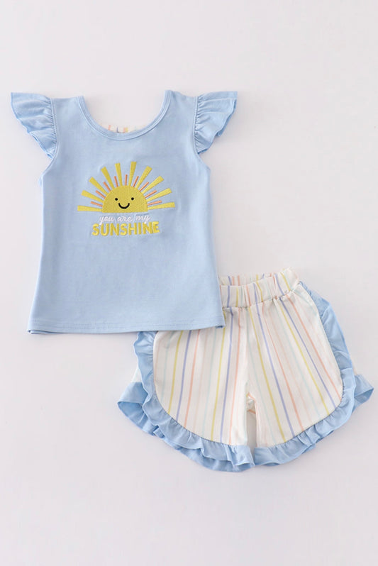 Toddler Girls “You Are My Sunshine” Top & Striped Ruffle Shorts Set – 2 Piece Outfit