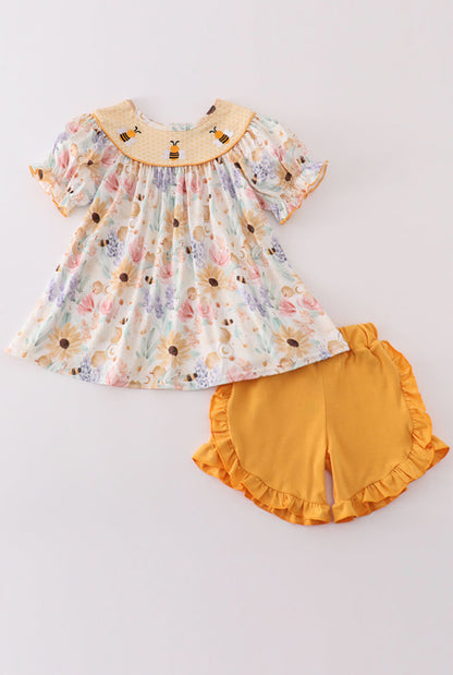 Toddler Girls Floral Bee Print Top with Mustard Ruffle Shorts – 2 Piece Outfit