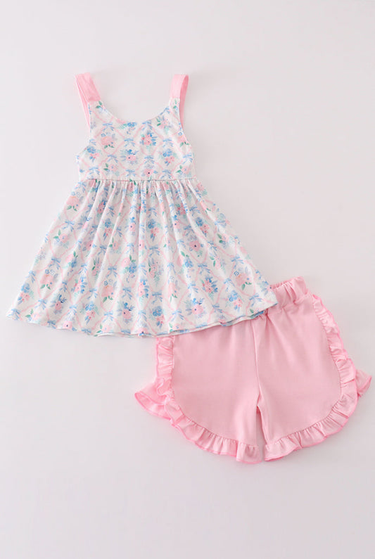 Toddler Girls Pink Floral Tank Top with Ruffle Shorts – 2 Piece Summer Outfit