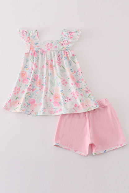 Toddler Girls Pastel Floral Flutter Sleeve Top & Pink Ruffle Shorts – 2 Piece Outfit