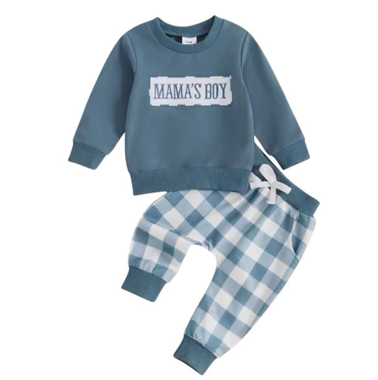 Embroidered Mama's Boy Plaid Blue Lounge Set (PRE-ORDER) - Expected Arrival 03/03/2025