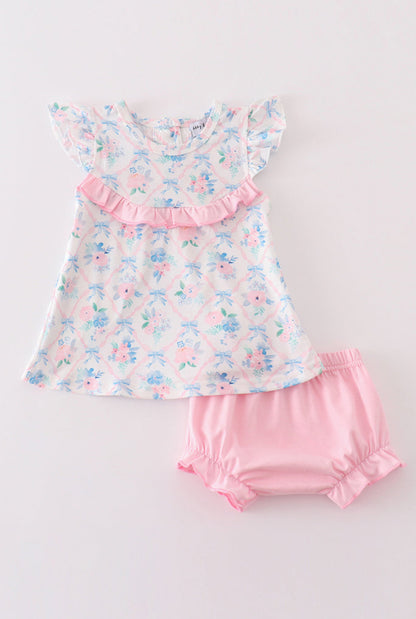 Baby Girl Pink Floral Flutter Sleeve Top & Bloomers Set – 2 Piece Outfit