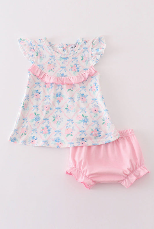 Baby Girl Pink Floral Flutter Sleeve Top & Bloomers Set – 2 Piece Outfit