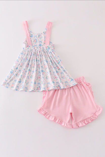 Toddler Girls Pink Floral Tank Top with Ruffle Shorts – 2 Piece Summer Outfit
