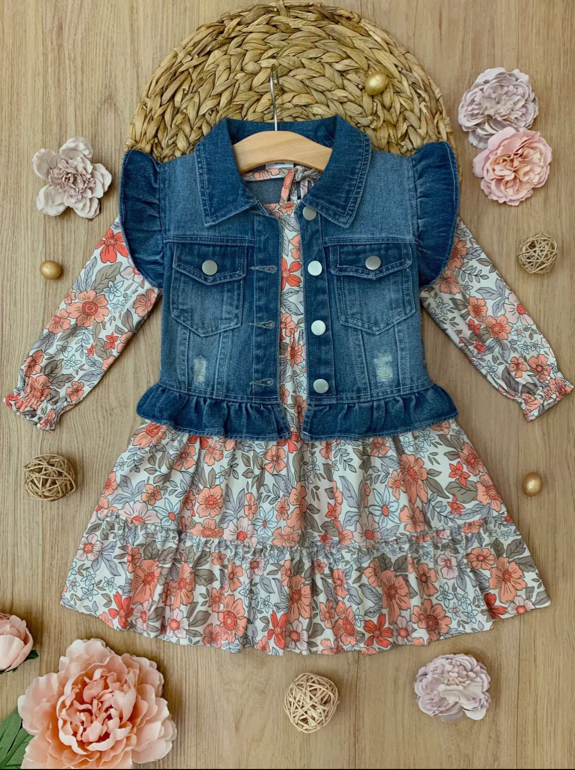 Autumn Bloom Floral Dress & Ruffle Denim Vest Set