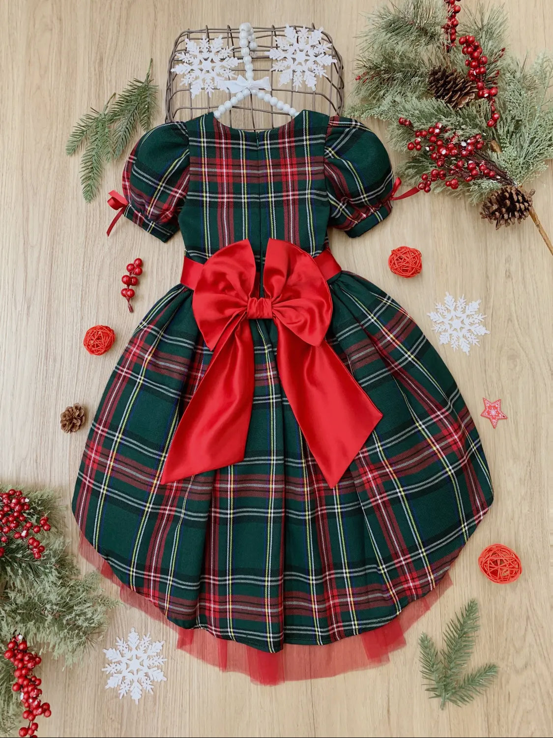 Holly Jolly Plaid Puff Sleeve Dress with Red Bow