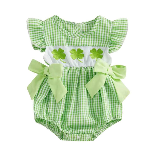 Embroidered Shamrock Bow Smocked Bubble Romper (PRE-ORDER) - Expected Arrival 03/03/2025