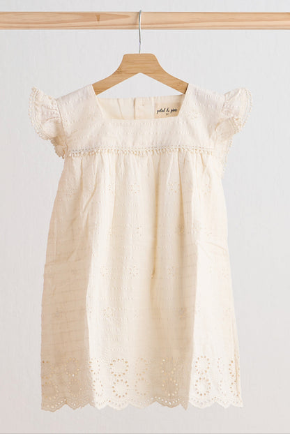 Girls Off White Eyelet Lace Flutter Sleeve Dress