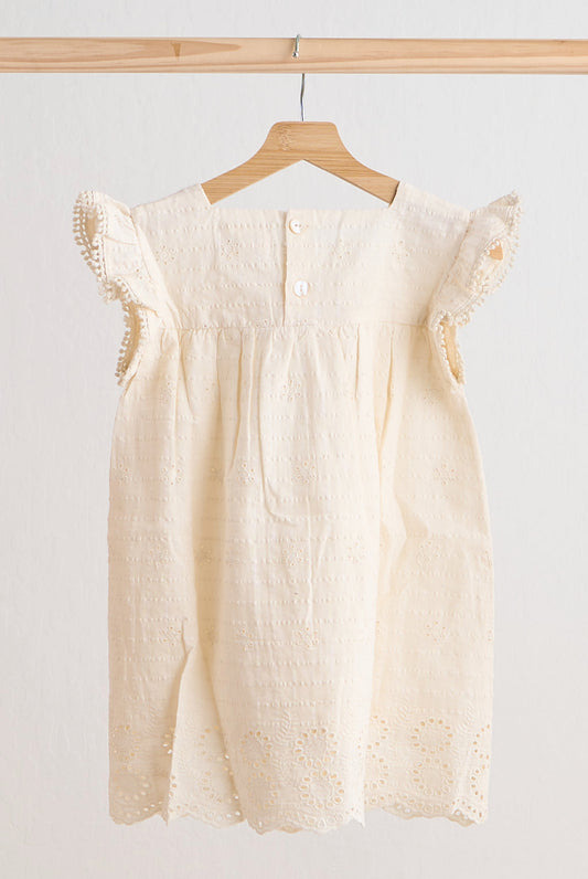 Girls Off White Eyelet Lace Flutter Sleeve Dress